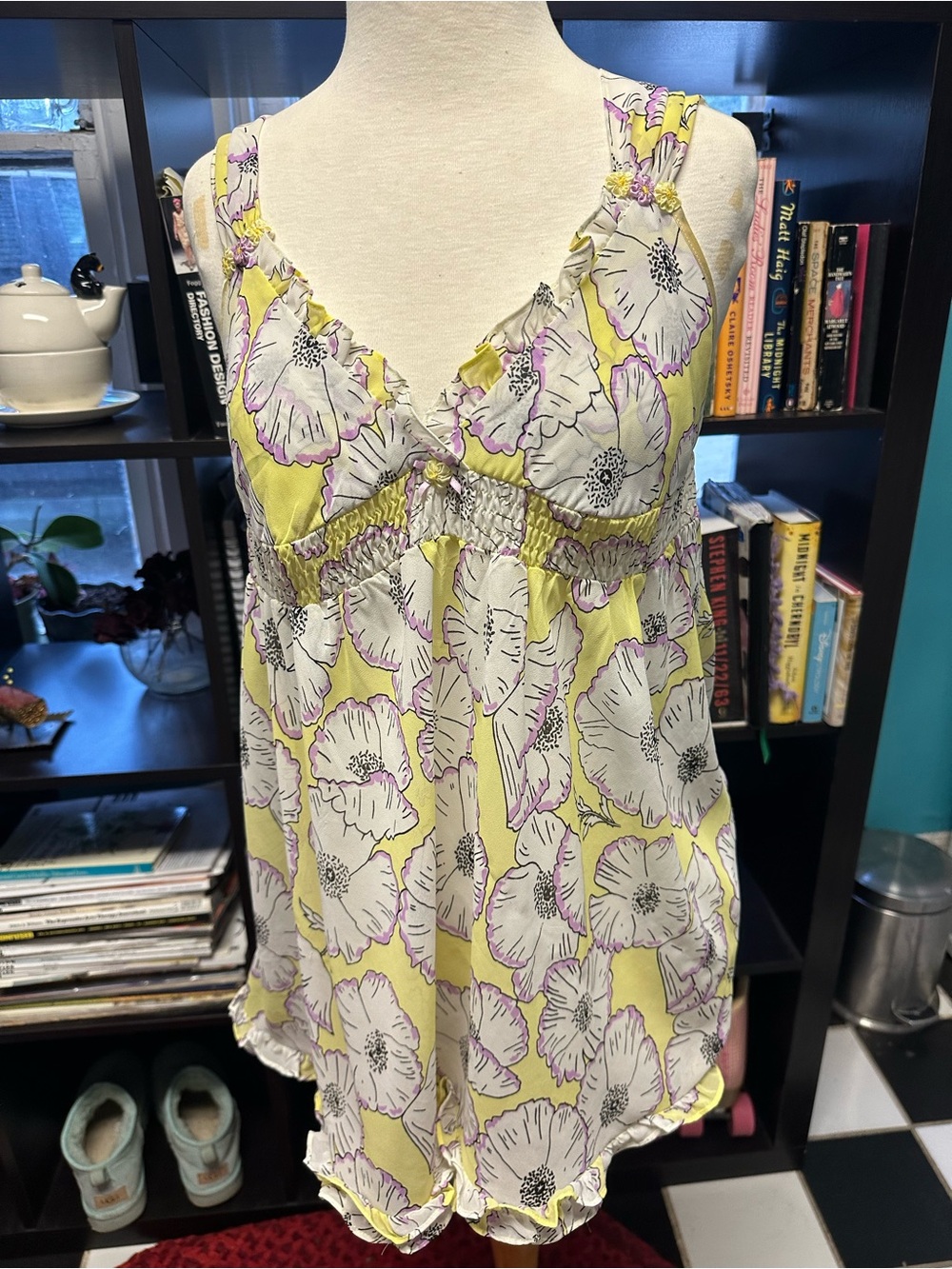 Y2K Betsey Johnson Intimates yellow floral lightweight sleep chemise slip dress.